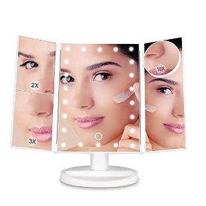 Litake Makeup Vanity Mirror with 22 LED Lights, 10x/3x/2x Magnifying Led Makeup Mirror, Dimmable Trifold Mirror, Touch Screen, 180° Rotation, Dual Power Supply