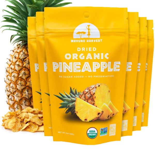 Mavuno Harvest Pineapple Dried Fruit Snacks | Organic Dried Pineapple Chunks| Gluten Free Healthy Snacks for Kids and Adults | No Sugar Added, Vegan, Non GMO, Direct Trade | 2 Ounce, Pack of 6