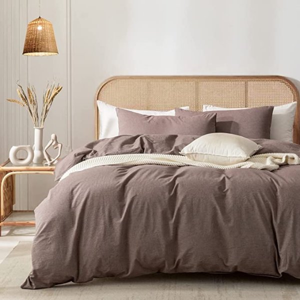 Queen Duvet Cover Set - 100% Washed Cotton Super Soft Shabby Chic Durable 3 Pieces Home Bedding Set with Zipper Closure, Mauve Brown 90x90 inches