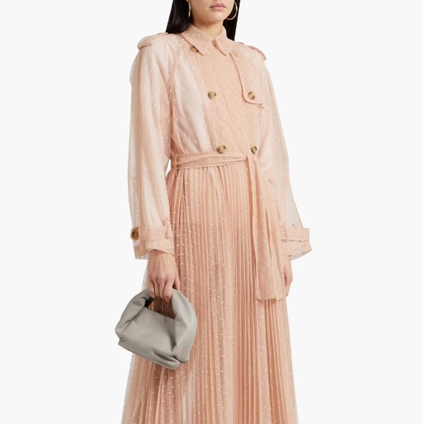 Belted double-breasted pleated point d'esprit trench coat