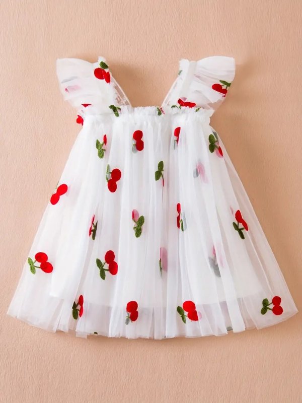 Toddler Girls Ruffle Trim Cherry Embroidery Frill Trim Back Butterfly Decor Princess Mesh Puffy Dress For Party Beach Vacation Kids Summer Clothes