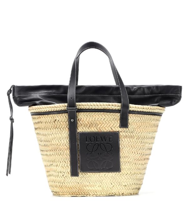 Leather-trimmed woven basket tote