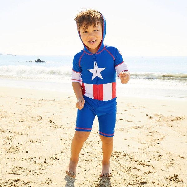 Captain America 图案 儿童连体泳衣