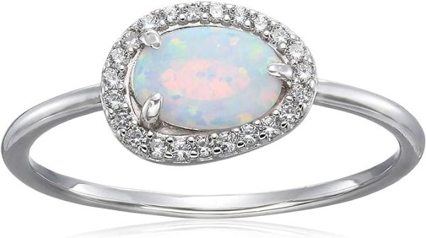 Rhodium Plated Sterling Silver Oval Created Opal Halo Ring, Size 7