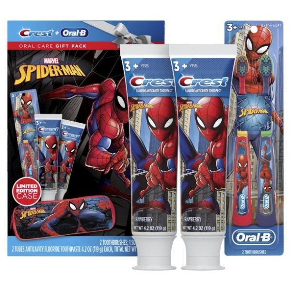 (25% Value) Crest & Oral-B Kids Spiderman Holiday Pack Gift Set with 2 Toothbrushes and 2 4.2 oz Tubes of Toothpaste
