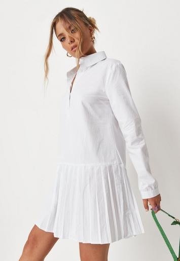 - White Poplin Pleated Hem Shirt Dress