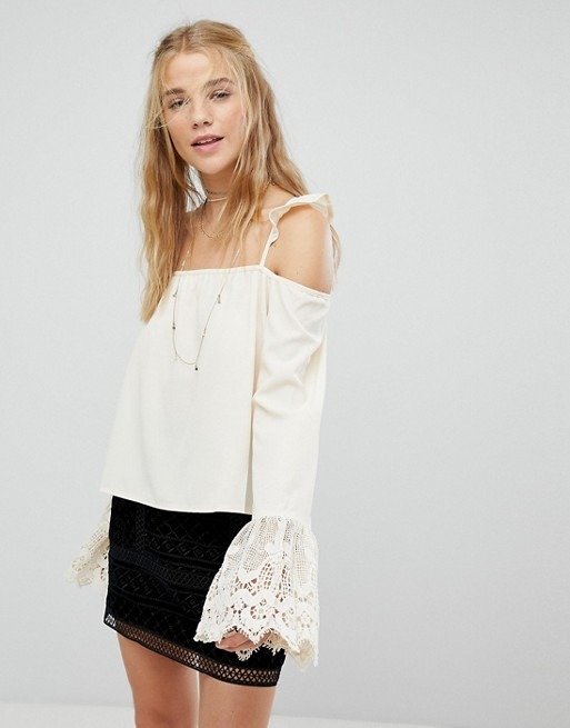 Kiss The Sky Cold Shoulder Strappy Top With Lace Fluted Sleeves at asos.com