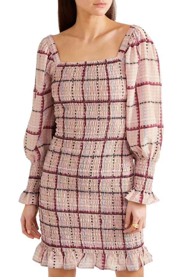 Shirred checked cotton and silk-blend mini dress