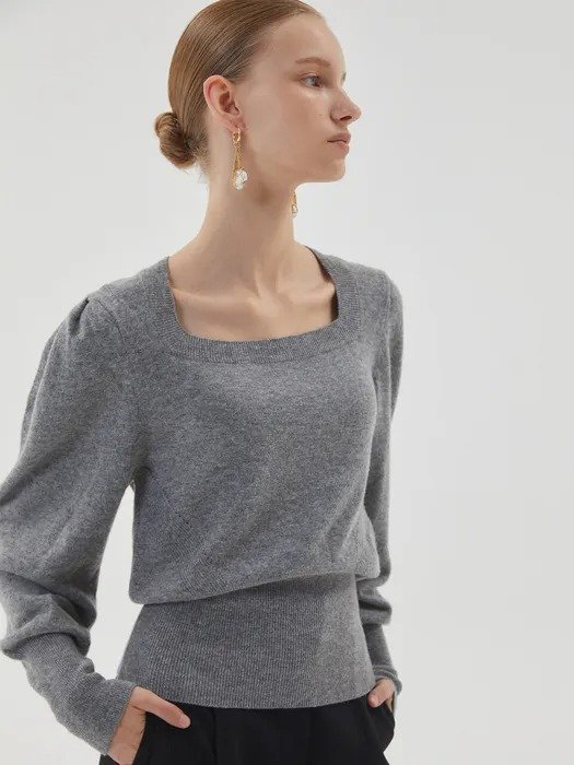 Square Neck Cashmere Knit Top (Grey)