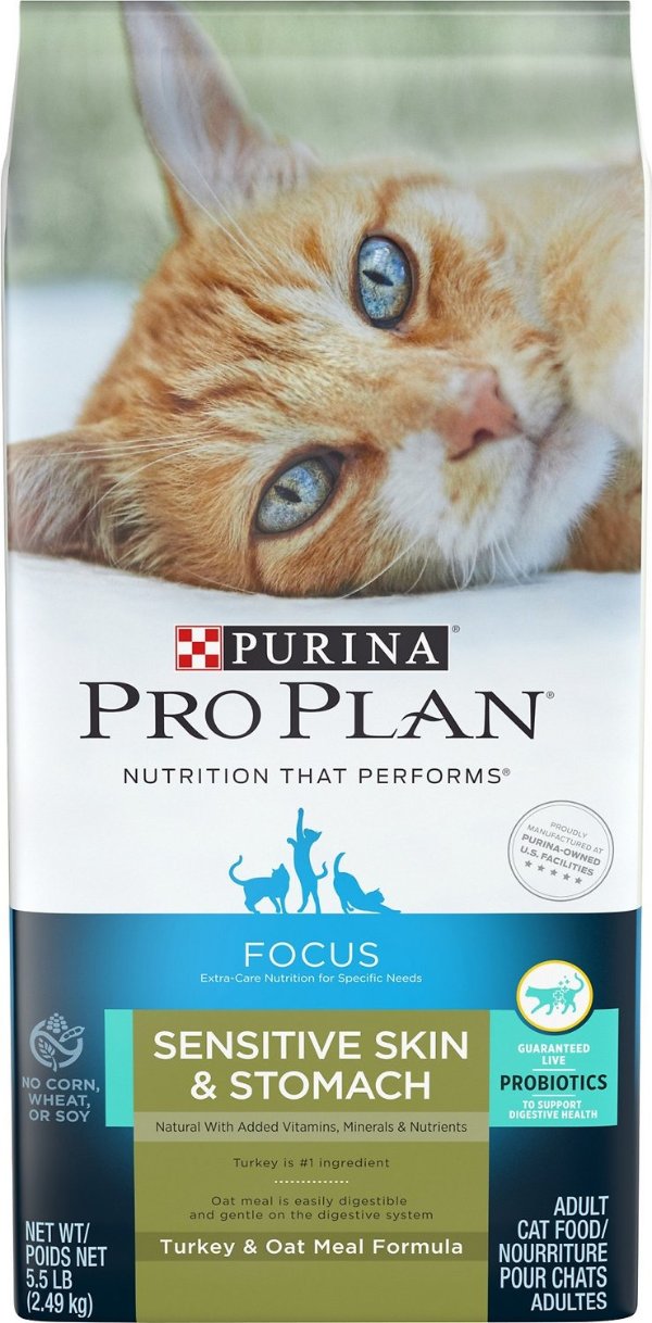 Pro Plan FOCUS Probiotic Sensitive Skin & Stomach Natural Turkey & Oat Meal Formula Dry Cat Food, 5.5-lb bag - Chewy.com