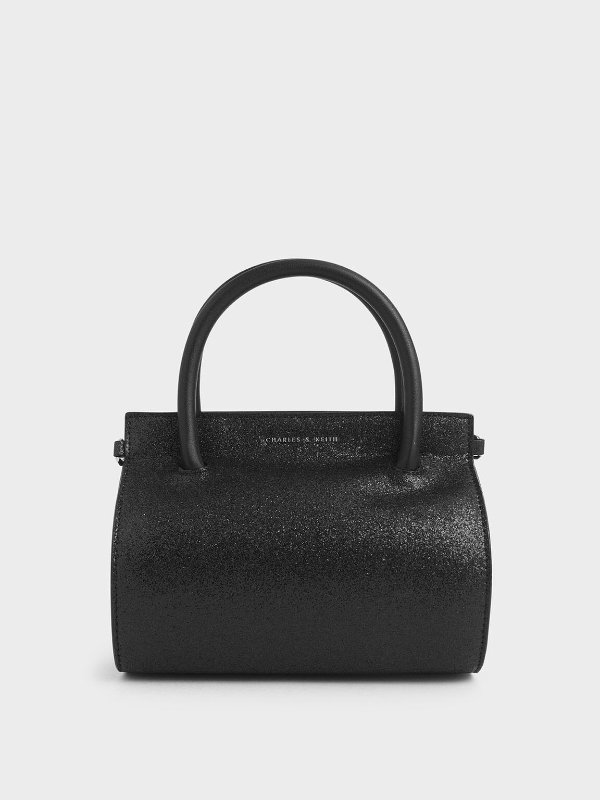 Black Textured Glitter Structured Cylinder Bag