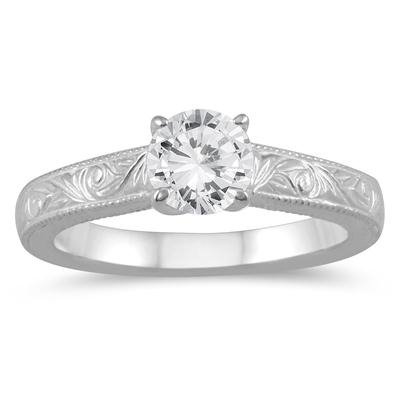 1/2 Carat Diamond Solitaire Engraved Engagement Ring in 10K White Gold