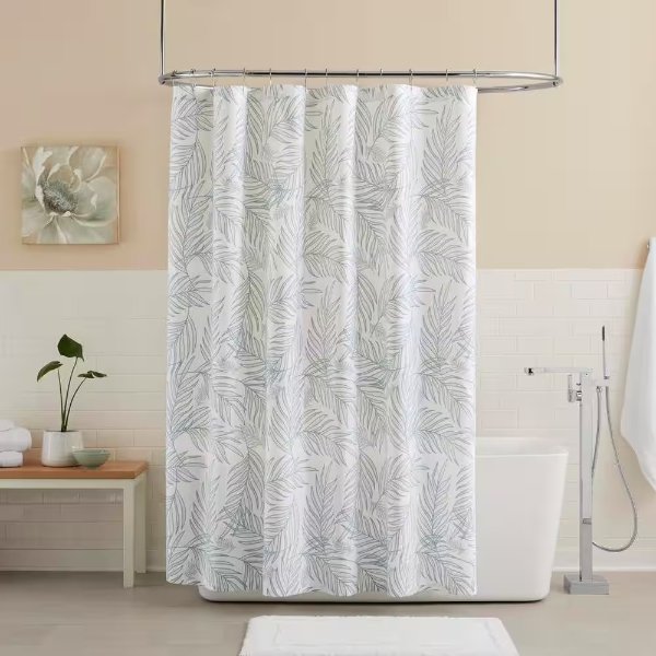 Sea Breeze Green and White Botanical Shower Curtain
