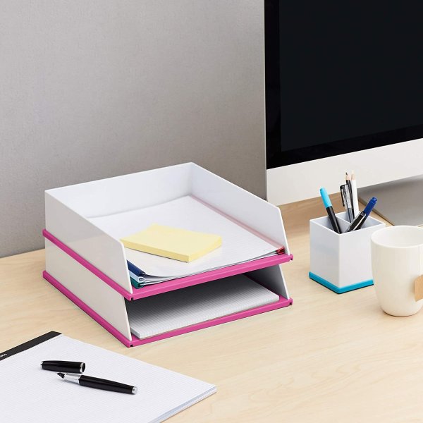 Amazon Basics Letter Tray - Pink and White - 2 pack