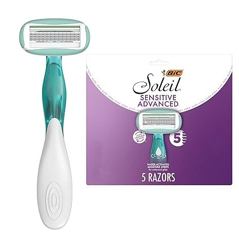 Soleil Sensitive Advanced Women's Disposable Razors With 360 Degree Water Activated Moisture Strip for Enhanced Glide, Shaving Razors With 5 Blades, 5 Count