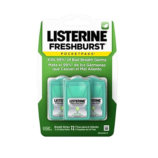 Freshburst Pocketpaks Breath Strips, Dissolving Breath Freshener Strips Kill 99% of Germs that Cause Bad Breath, Portable for On-the-Go, Minty Flavor, 3 packs of 24-strips Each