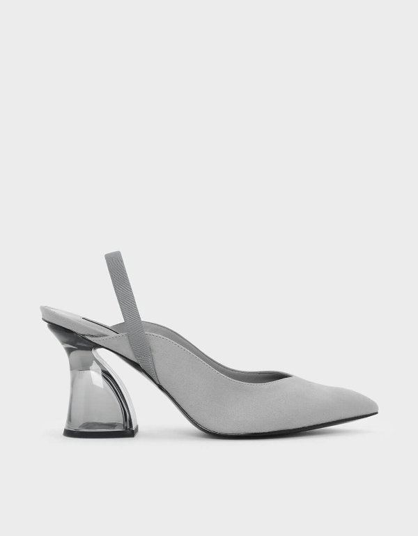 Grey Lucite Sculptural Heel Slingbacks | CHARLES & KEITH