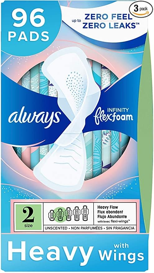 Infinity Feminine Pads for Women, Size 2, 96 Count, Heavy Flow Absorbency, with Wings, Unscented 32 Count (Pack of 3)