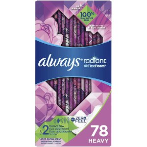 Always Radiant Feminine Pads with Wings for Women, Size 2, 78 Count