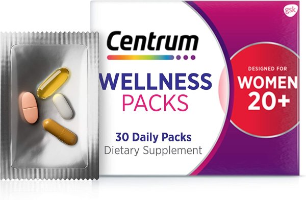 Centrum 善存 Wellness 每日维生素，适合20 多岁的女性，含有完整复合维生素，维生素 C 1000 毫克、含有 Omega3 的鱼油、姜黄复合物 500 毫克包，1 个月用量，30包