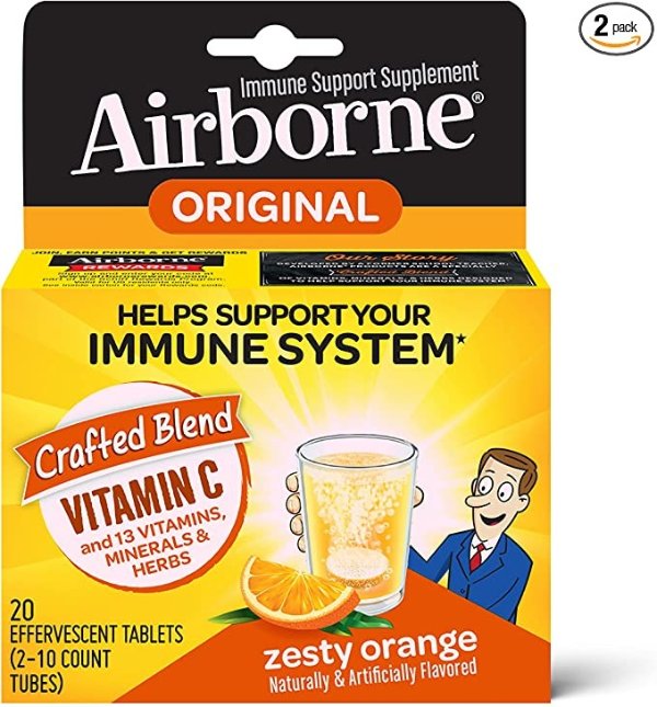 Vitamin C 1000mg (per serving) - Zesty Orange Effervescent Tablets (20 count in a box), Gluten-Free Immune Support Supplement With Vitamins A C E, ZINC, Selenium, Echinacea & Ginger