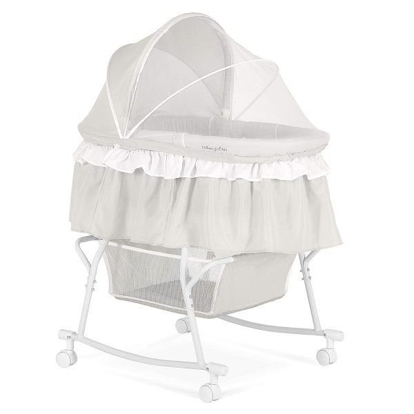 Lacy Portable 2-in-1 Bassinet & Cradle in Light Grey, Lightweight Baby Bassinet with Storage Basket, Adjustable and Removable Canopy