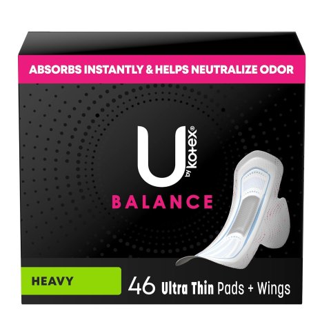 U by Kotex Balance Ultra Thin Pads with Wings, Heavy Absorbency, 46 Count
