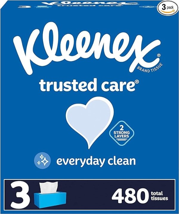 Trusted Care Facial Tissues, 3 Flat Boxes, 160 Tissues per Box, 2-Ply (480 Total Tissues), Packaging May Vary