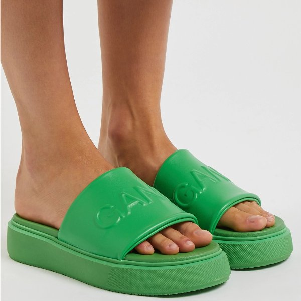 Green logo vegan leather sliders