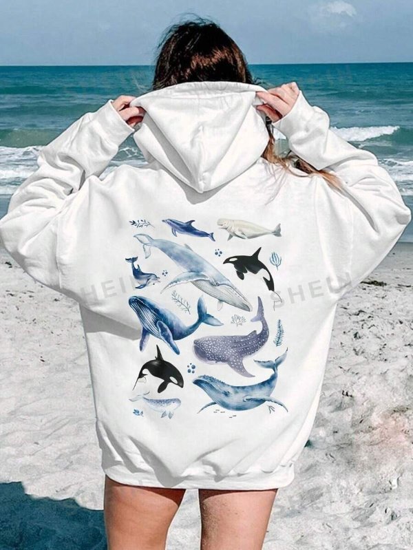 Women'S Hooded Fleece Sweatshirt With Shark Printed And Drawstring