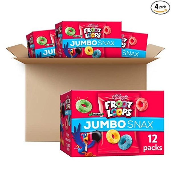 Froot Loops Jumbo Snax Cereal Snacks, Kids Snacks, Fruit Flavored, Original (4 Boxes, 48 Pouches)