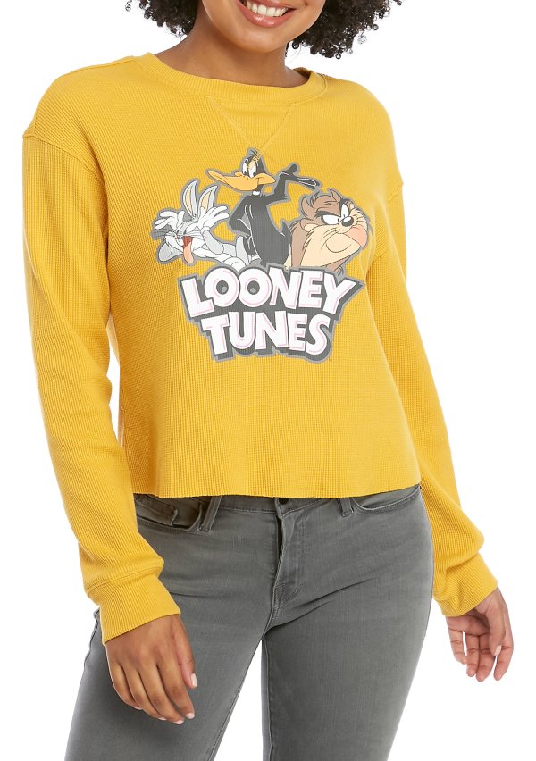 Junior's Long Sleeve Looney Tunes Thermal Graphic T-Shirt