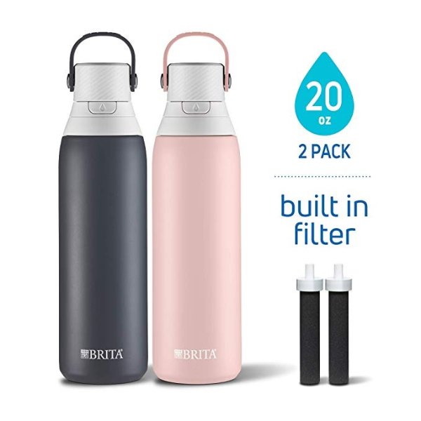20 Ounce Premium Double Wall Insulated Stainless Steel Filtering Water Bottles, 2 Pack, Carbon Black/Rose