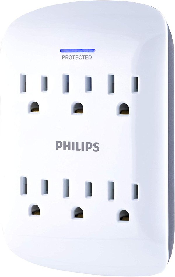 PHILIPS 6-Outlet Surge Protector Tap, 900 Joules, Space Saving Design, Protection Indicator LED Light, Gray & White, SPP3461WA/37