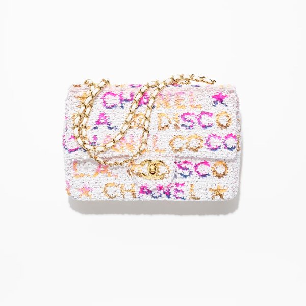 Small flap bag, Sequins & gold-tone metal, white, yellow, pink & blue — Fashion | CHANEL