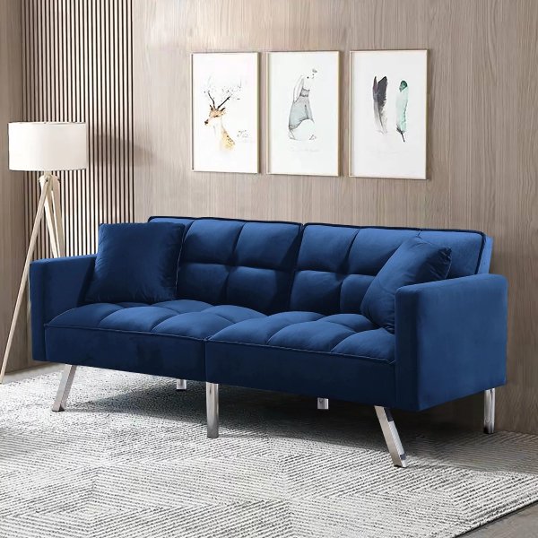 BSHTI 74 Inch Wide Modern Tufted Futon Sofa Bed,Velvet Upholstered Convertible Sofa for Livingroom(Blue)