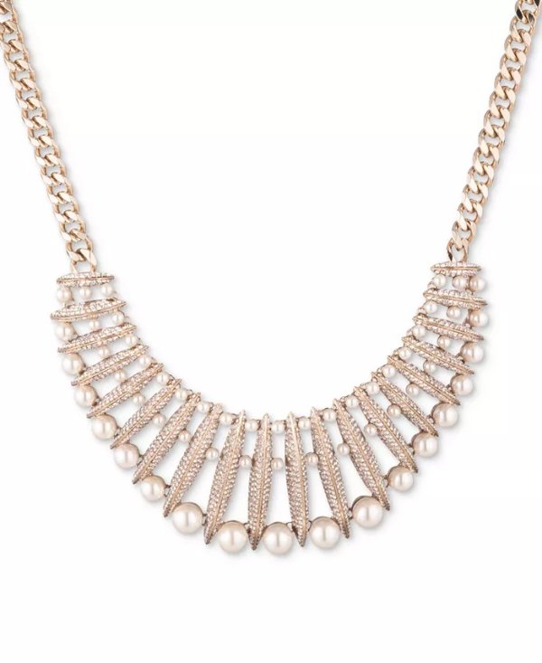 Gold-Tone Champagne Imitation Pearl Crystal Statement Collar Necklace, 16" + 3" extender