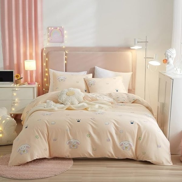 BuLuTu Twin Peach Pink Duvet Cover Set with Cute Cup Rabbit Pattern Reversible Soft Duvet Cover Set with Cute Cartoon Pattern Comforter Cover 100% Cotton for Girls with Zipper&Conner Ties