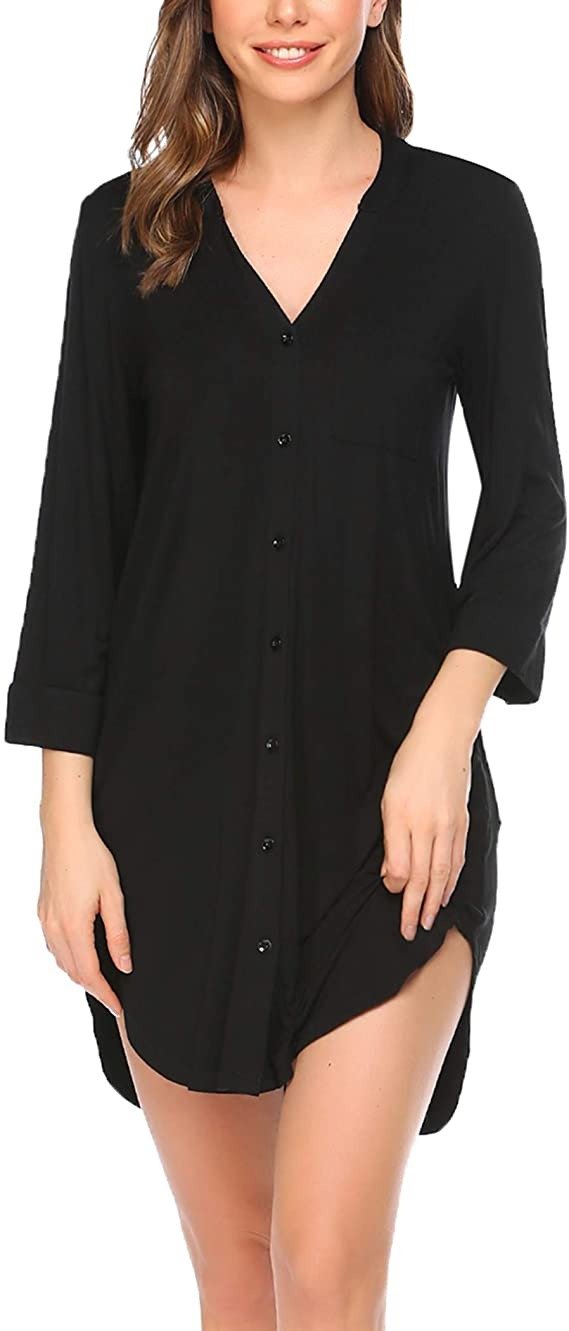 Women's Nightgown Striped Sleepwear 3/4 Sleeves Nightshirts Soft Button Sleep Dress