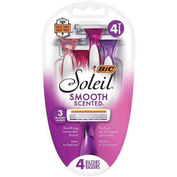 Soleil Smooth Scented Women’s Disposable Razor, 3 Blades with a Moisture Strip For a Silky Shave, Assorted, 4 Piece Razor Set