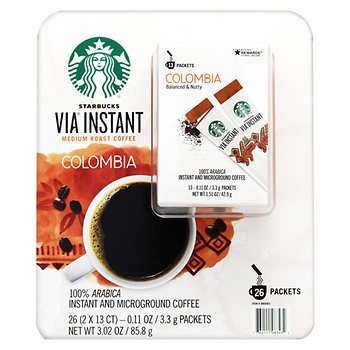 Starbucks VIA Instant Columbia Coffee, Medium Roast, 13-count, 2-pack