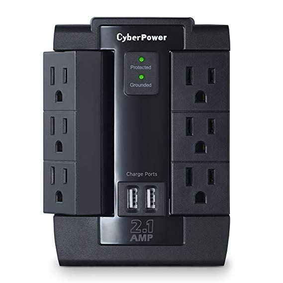 CSP600WSU Surge Protector, 1200J/125V, 6-AC Swivel Outlets, 2 USB Charging Ports, Wall Tap Design