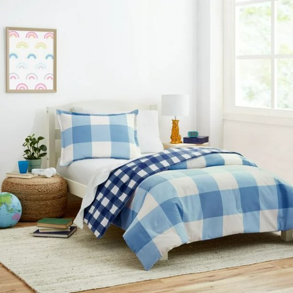 Gap Home Kids Gingham Reversible Organic Cotton Blend Comforter Set, Twin, Blue, 2-Pieces