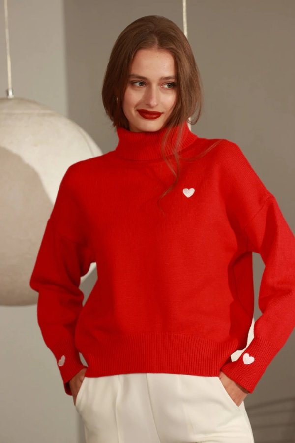 Christmas Red Embroidered Heart Sweater