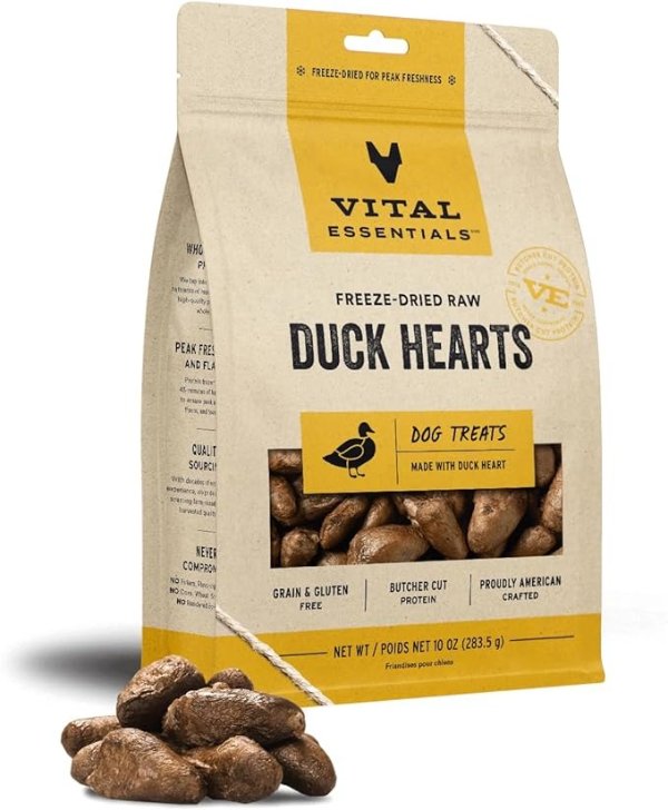 Freeze Dried Raw Single Ingredient Dog Treats, Duck Hearts, 10 oz