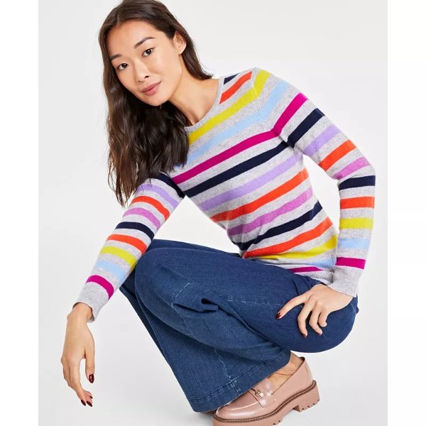 Women's 100% Cashmere Striped Crewneck Sweater, Created for Macy's