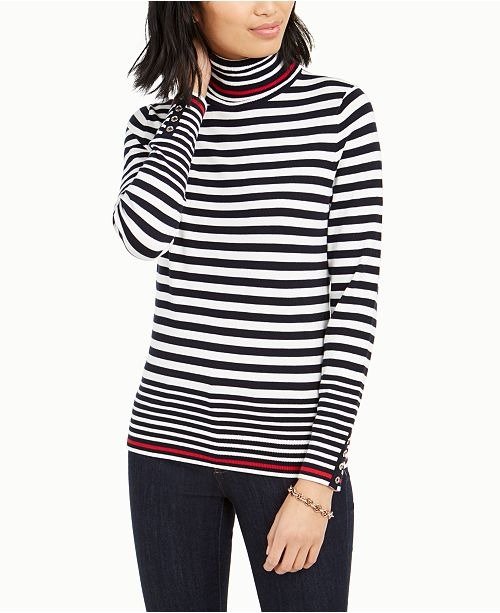 Striped Button-Sleeve Turtleneck Sweater