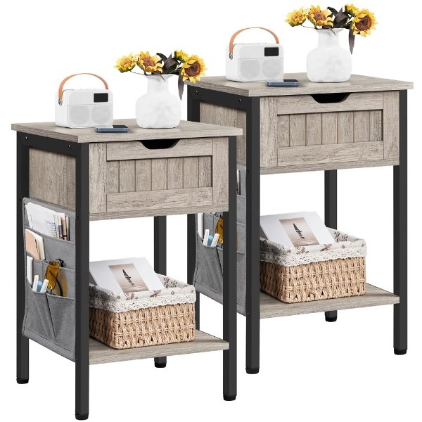 Set of 2 Wooden Nightstand with Removable Fabric Storage Bag,Gray