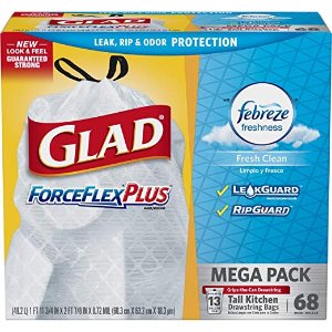 Glad ForceFlex Tall Kitchen Odor Shield Drawstring Trash Bags, White - 13 gal - 68 ct