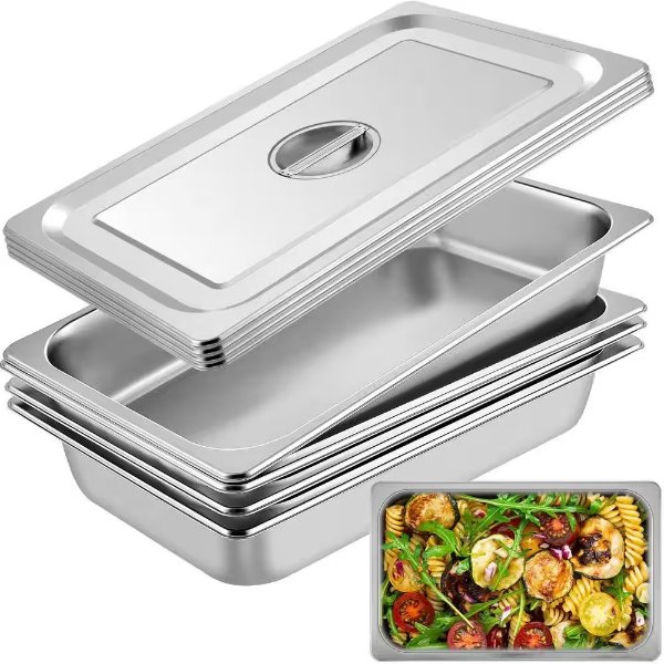 13.7 qt. Stainless Steel Hotel Pan 20.9 x 12.8 x 3.9 in. Roasting Pan with Lid Hotel Pans Full Size Deep (4-Pack)